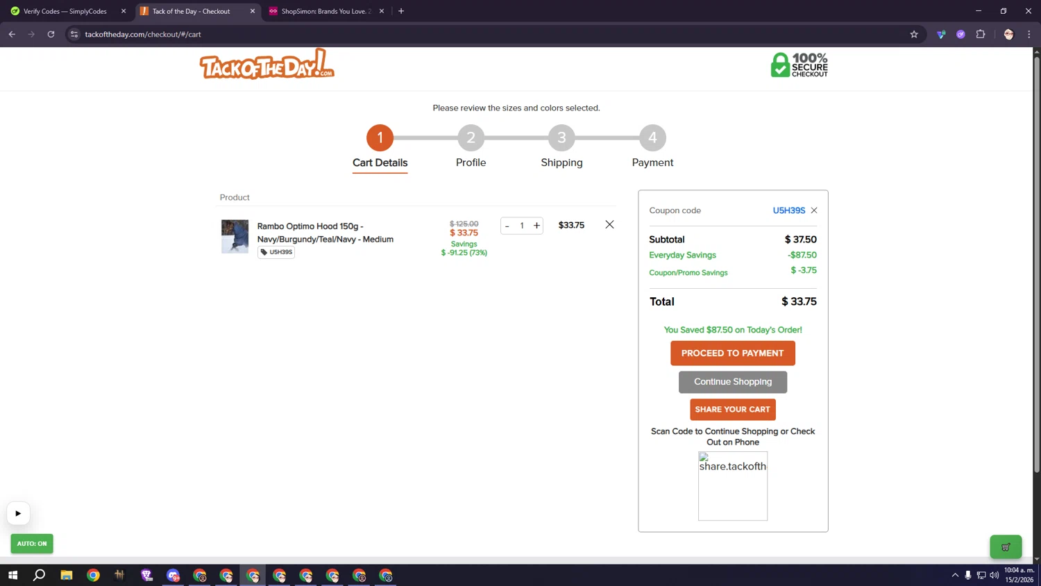 Tack of the Day checkout page showing Tack of the Day coupon code box | Screenshot taken by SimplyCodes community member on Feb 15, 2026