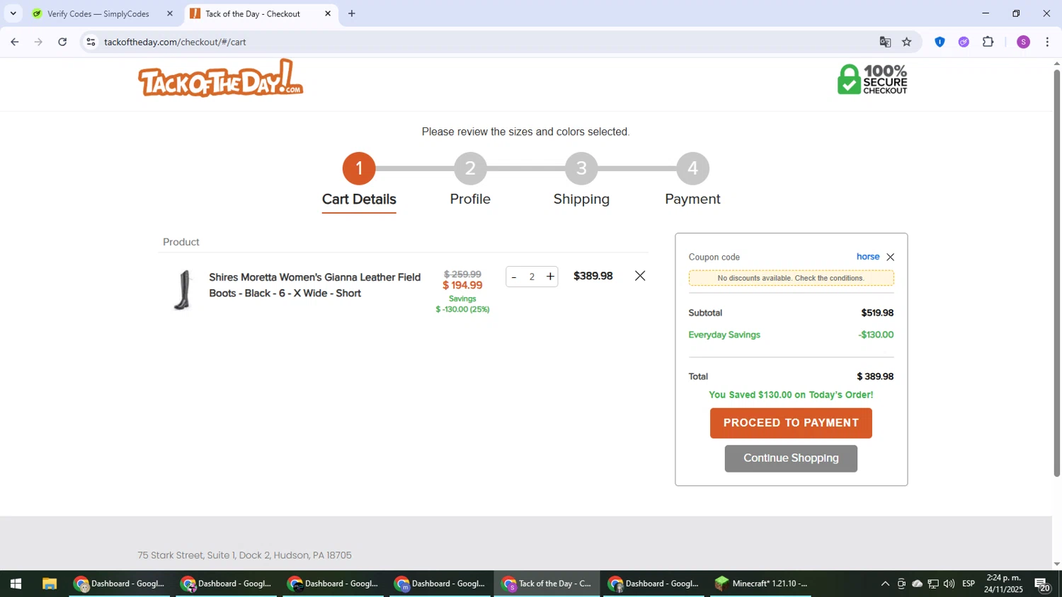 Tack of the Day coupon code screenshot showing code horse applied at Tack of the Day checkout page. Uploaded by SimplyCodes community member Son_Goku on Nov 24, 2025