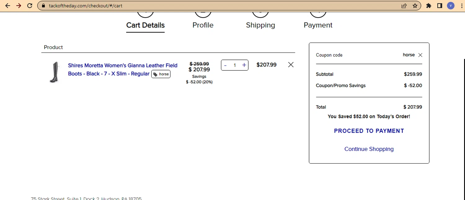 Tack of the Day checkout page showing Tack of the Day coupon code box | Screenshot taken by SimplyCodes community member on Oct 17, 2025