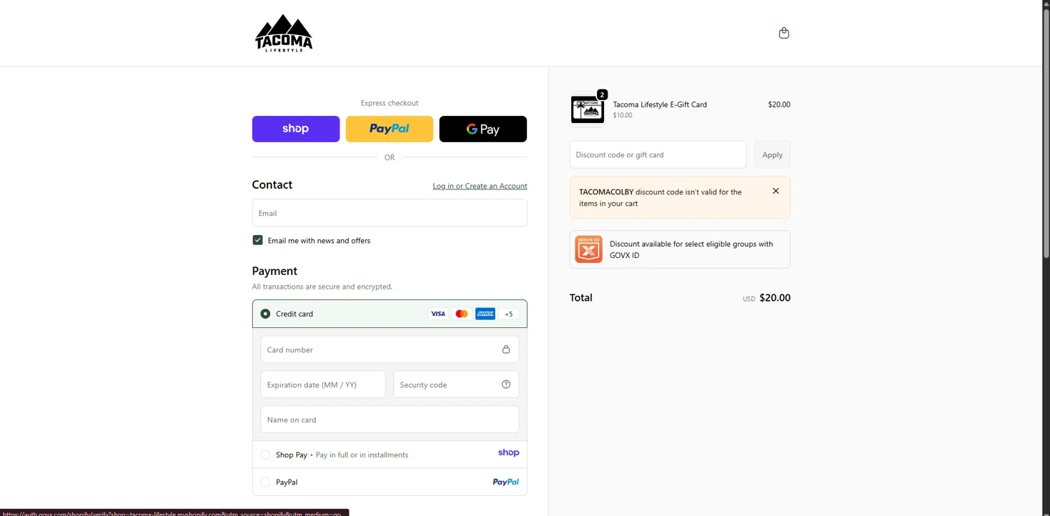 Tacoma Lifestyle discount code screenshot showing code TACOMACOLBY applied at Tacoma Lifestyle checkout page. Uploaded by SimplyCodes community member WonderVirtuoso3484 on Dec 24, 2025