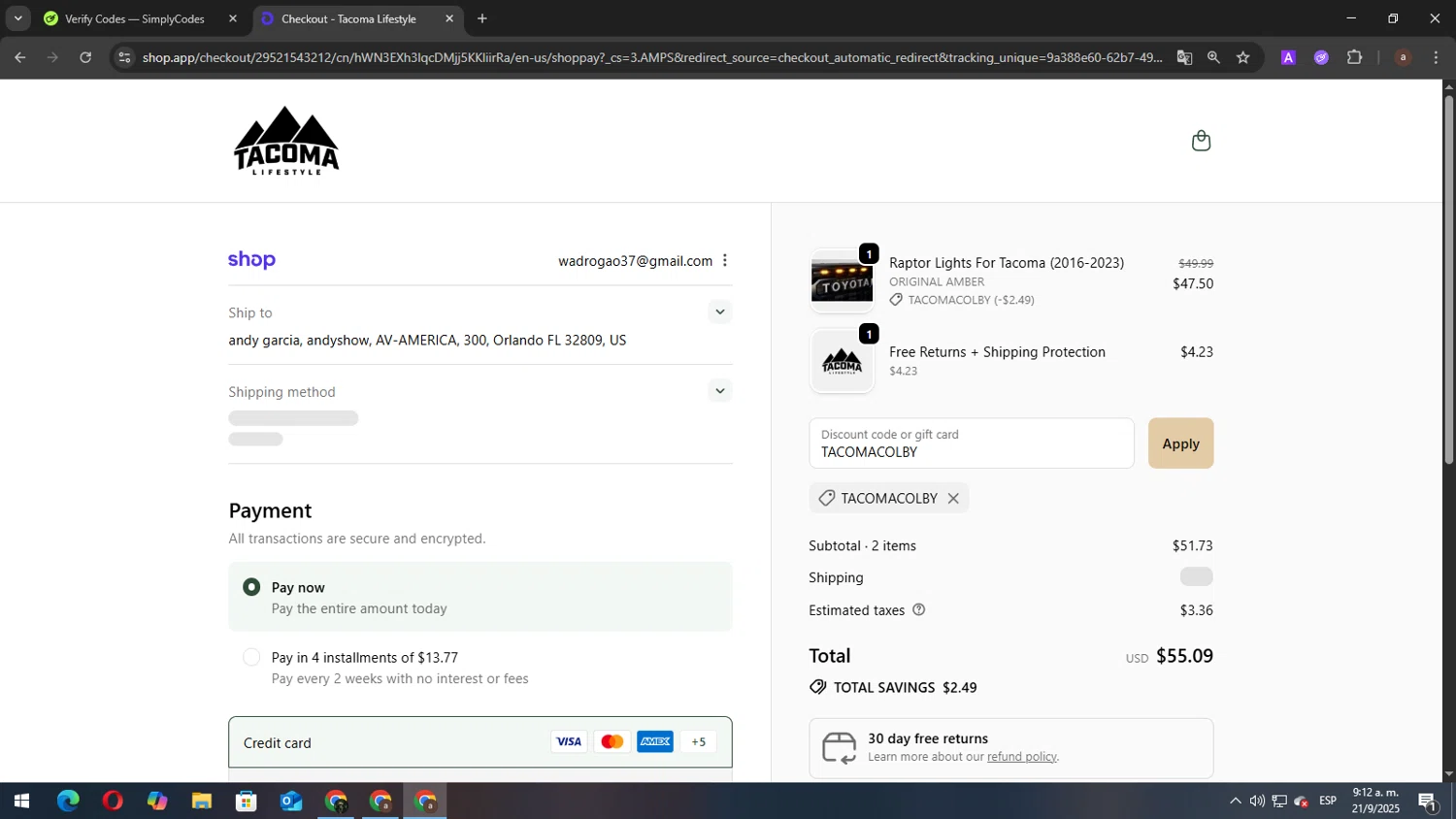 Tacoma Lifestyle discount code screenshot showing code TACOMACOLBY applied at Tacoma Lifestyle checkout page. Uploaded by SimplyCodes community member elbicho22 on Sep 21, 2025