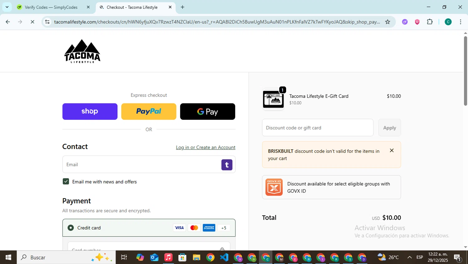 Tacoma Lifestyle discount code screenshot showing code BRISKBUILT applied at Tacoma Lifestyle checkout page. Uploaded by SimplyCodes community member BonusPilot927 on Dec 29, 2025