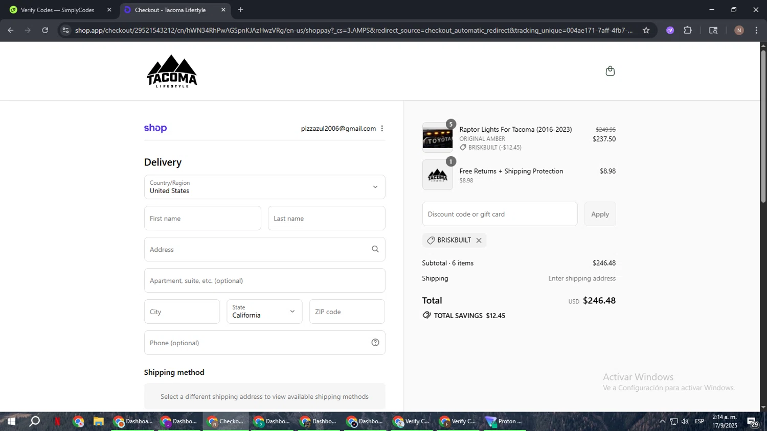 Tacoma Lifestyle discount code screenshot showing code BRISKBUILT applied at Tacoma Lifestyle checkout page. Uploaded by SimplyCodes community member DiscountPioneer2554 on Sep 17, 2025
