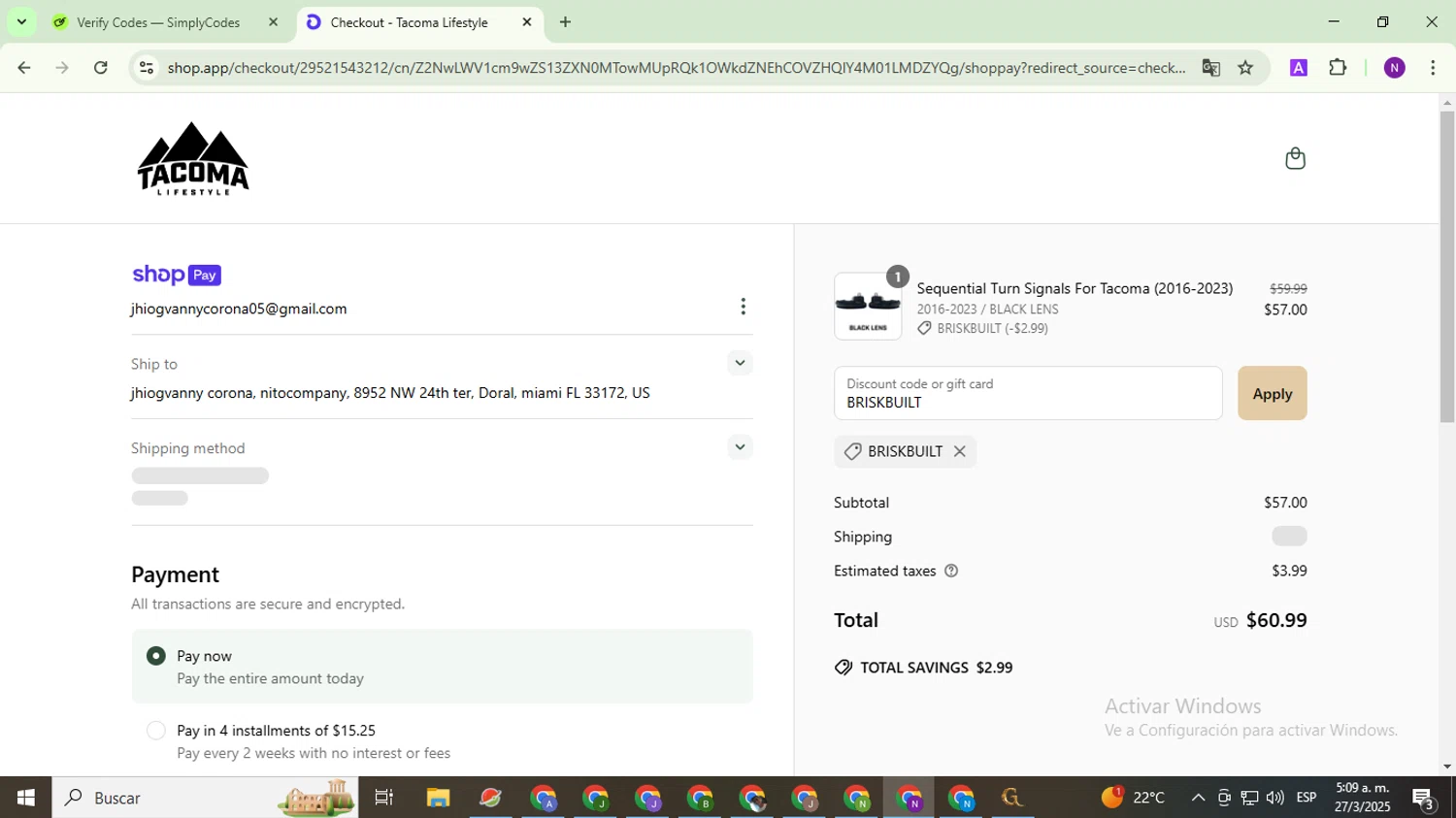 Tacoma Lifestyle discount code screenshot showing code BRISKBUILT applied at Tacoma Lifestyle checkout page. Uploaded by SimplyCodes community member QuestOwl9632 on Mar 27, 2025