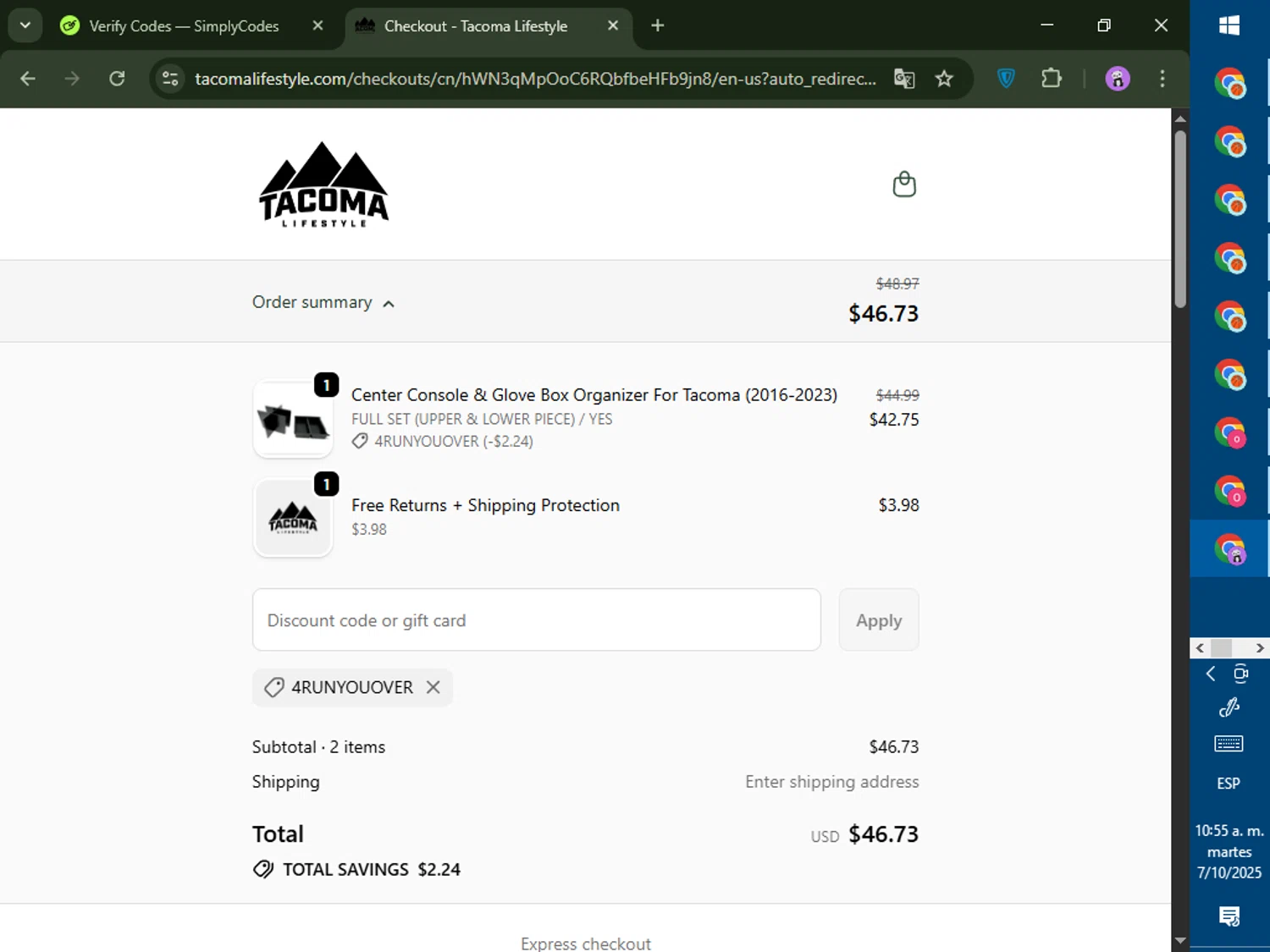 Tacoma Lifestyle discount code screenshot showing code 4RUNYOUOVER applied at Tacoma Lifestyle checkout page. Uploaded by SimplyCodes community member CashSaver4711 on Oct 7, 2025