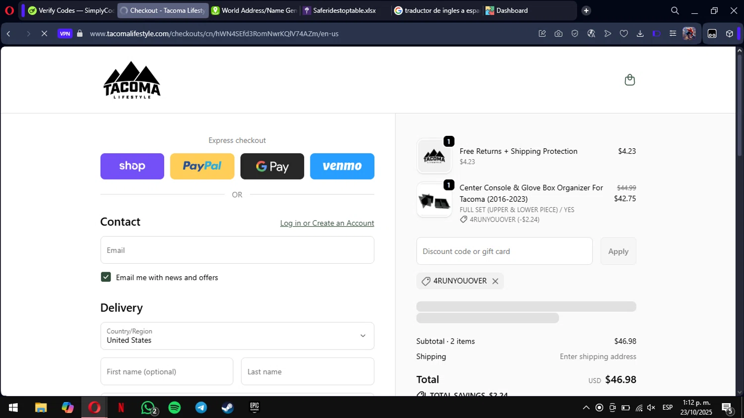 Tacoma Lifestyle discount code screenshot showing code 4RUNYOUOVER applied at Tacoma Lifestyle checkout page. Uploaded by SimplyCodes community member mimusuky1 on Oct 23, 2025