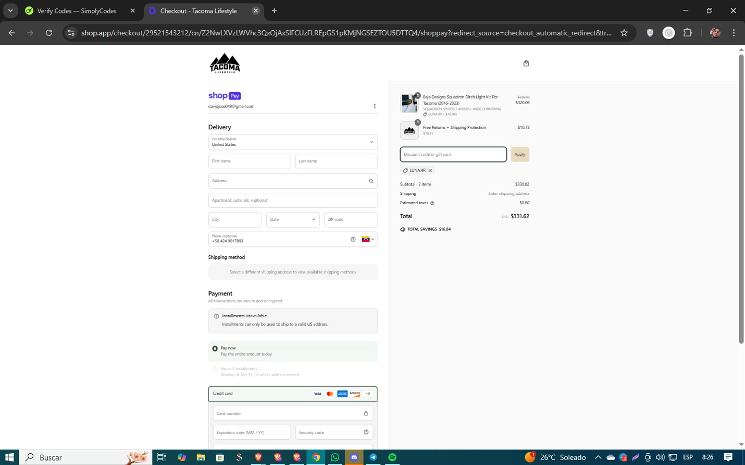 Tacoma Lifestyle discount code screenshot showing code LUNA.4R applied at Tacoma Lifestyle checkout page. Uploaded by SimplyCodes community member 61451681 on Mar 27, 2025
