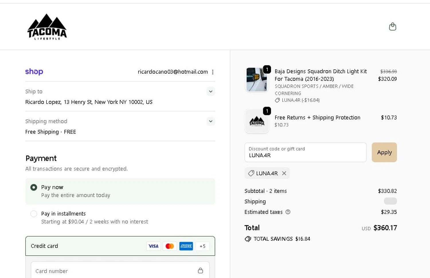 Tacoma Lifestyle discount code screenshot showing code LUNA.4R applied at Tacoma Lifestyle checkout page. Uploaded by SimplyCodes community member LAMINEJAMAL on Oct 3, 2025