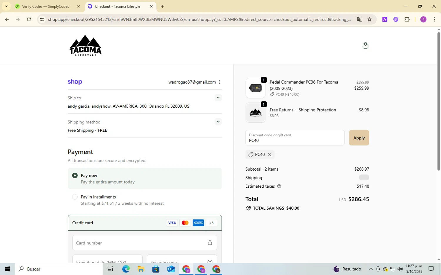 Tacoma Lifestyle discount code screenshot showing code PC40 applied at Tacoma Lifestyle checkout page. Uploaded by SimplyCodes community member BukayoSaka on Oct 5, 2025