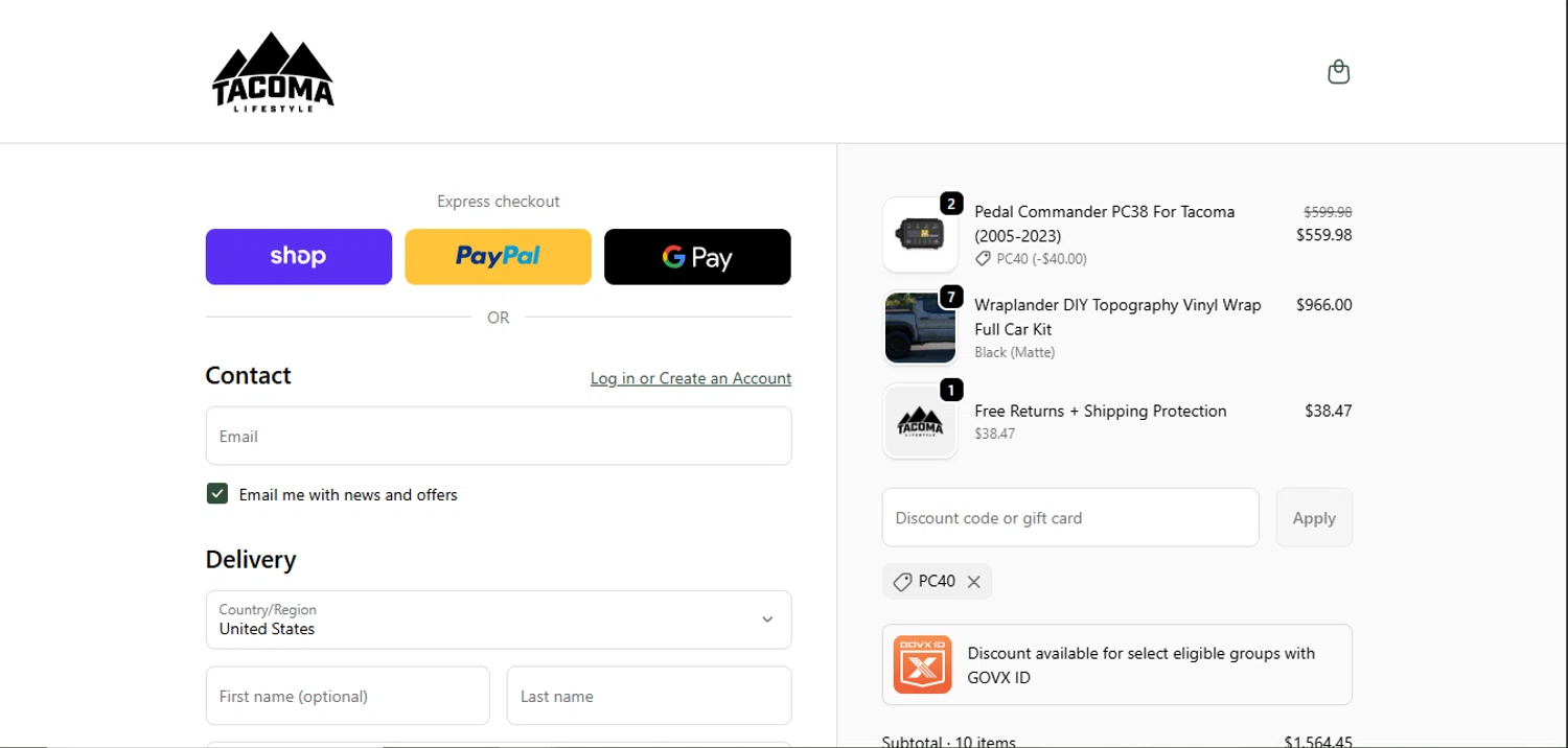 Tacoma Lifestyle discount code screenshot showing code PC40 applied at Tacoma Lifestyle checkout page. Uploaded by SimplyCodes community member juanisaac on Oct 5, 2025