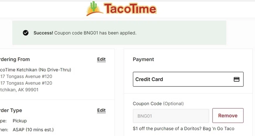 Taco Time checkout page showing Taco Time coupon code box | Screenshot taken by SimplyCodes community member on Jul 24, 2021