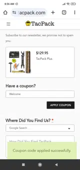 Welcome coupon verification screenshot