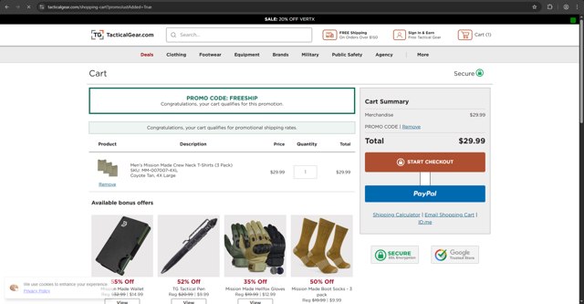 TacticalGear.com checkout page showing TacticalGear.com promo code box | Screenshot taken by SimplyCodes community member on Aug 20, 2025