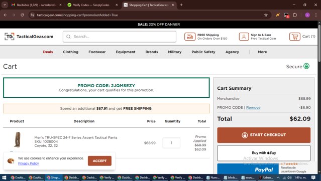 TacticalGear.com checkout page showing TacticalGear.com promo code box | Screenshot taken by SimplyCodes community member on Sep 3, 2025