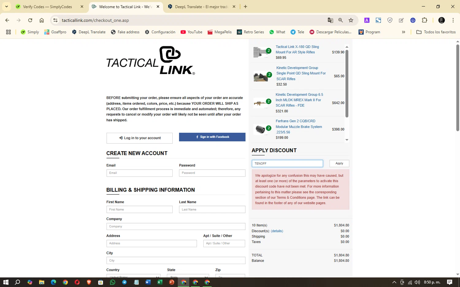 Tactical Link checkout page showing Tactical Link promo code box | Screenshot taken by SimplyCodes community member on Apr 7, 2025