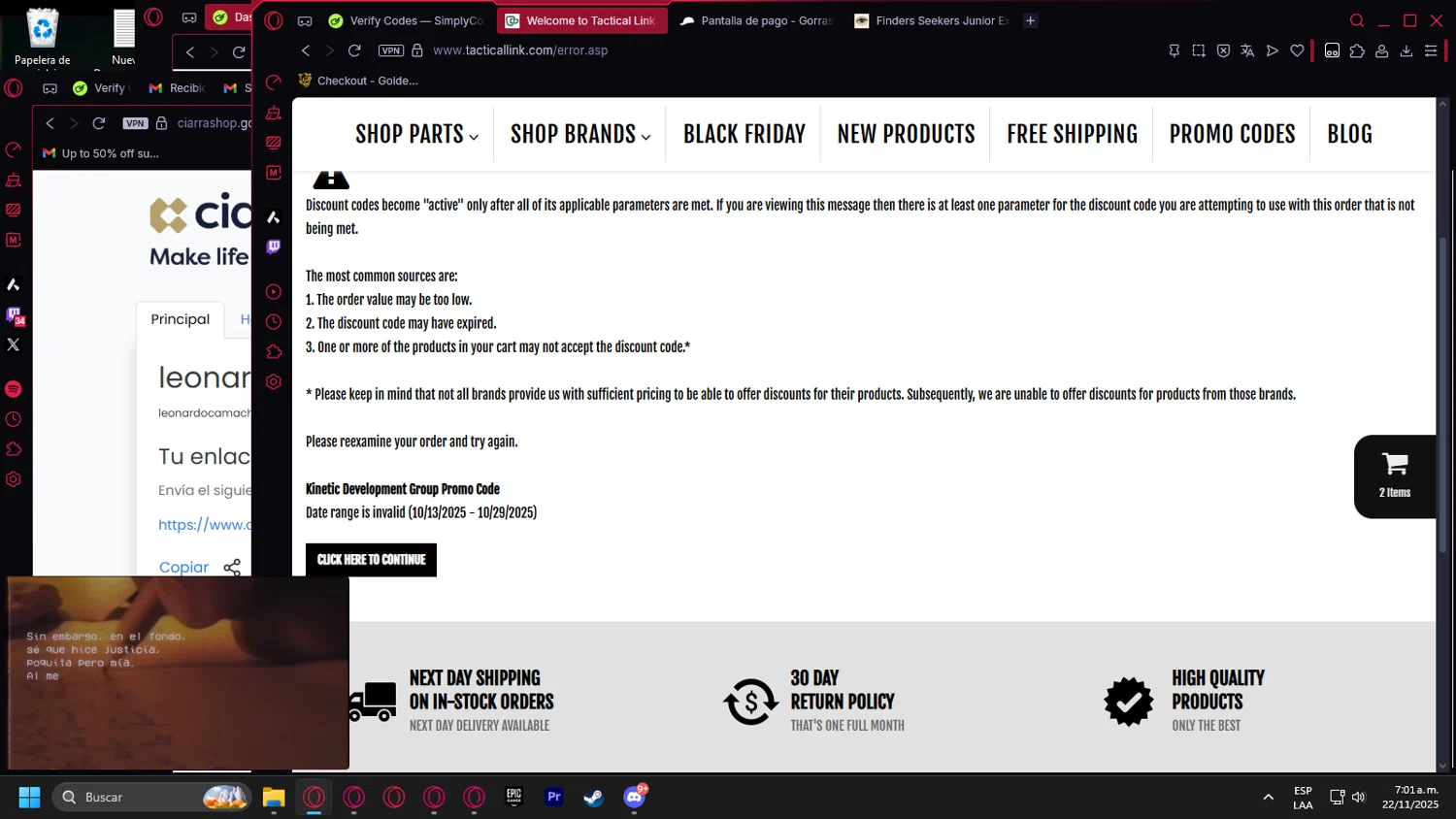 Tactical Link promo code screenshot showing code KDG applied at Tactical Link checkout page. Uploaded by SimplyCodes community member Billyyou on Nov 22, 2025