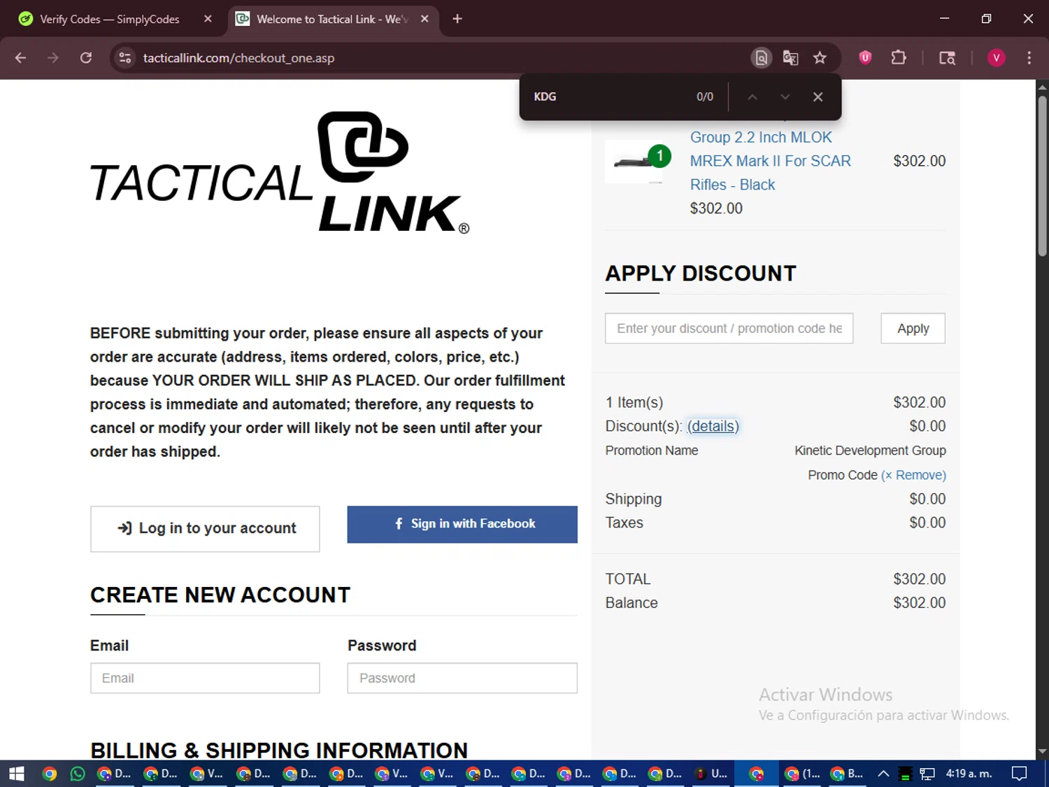 Tactical Link promo code screenshot showing code KDG applied at Tactical Link checkout page. Uploaded by SimplyCodes community member ShieldEagle6102 on Oct 24, 2025