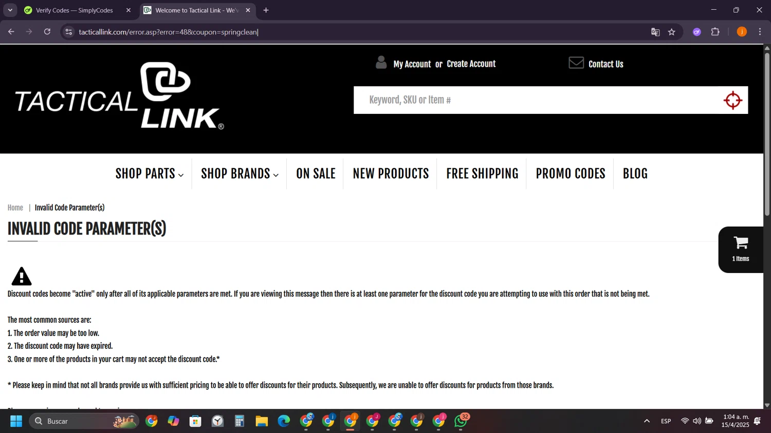 Tactical Link checkout page showing Tactical Link promo code box | Screenshot taken by SimplyCodes community member on Apr 15, 2025