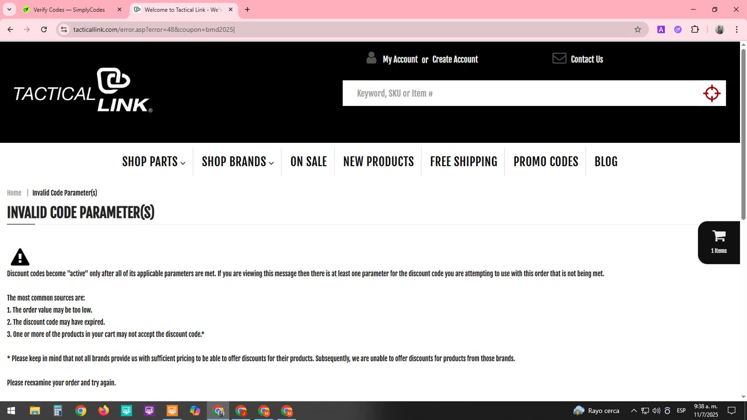Tactical Link promo code screenshot showing code BMD2025 applied at Tactical Link checkout page. Uploaded by SimplyCodes community member SARAI13 on Jul 11, 2025