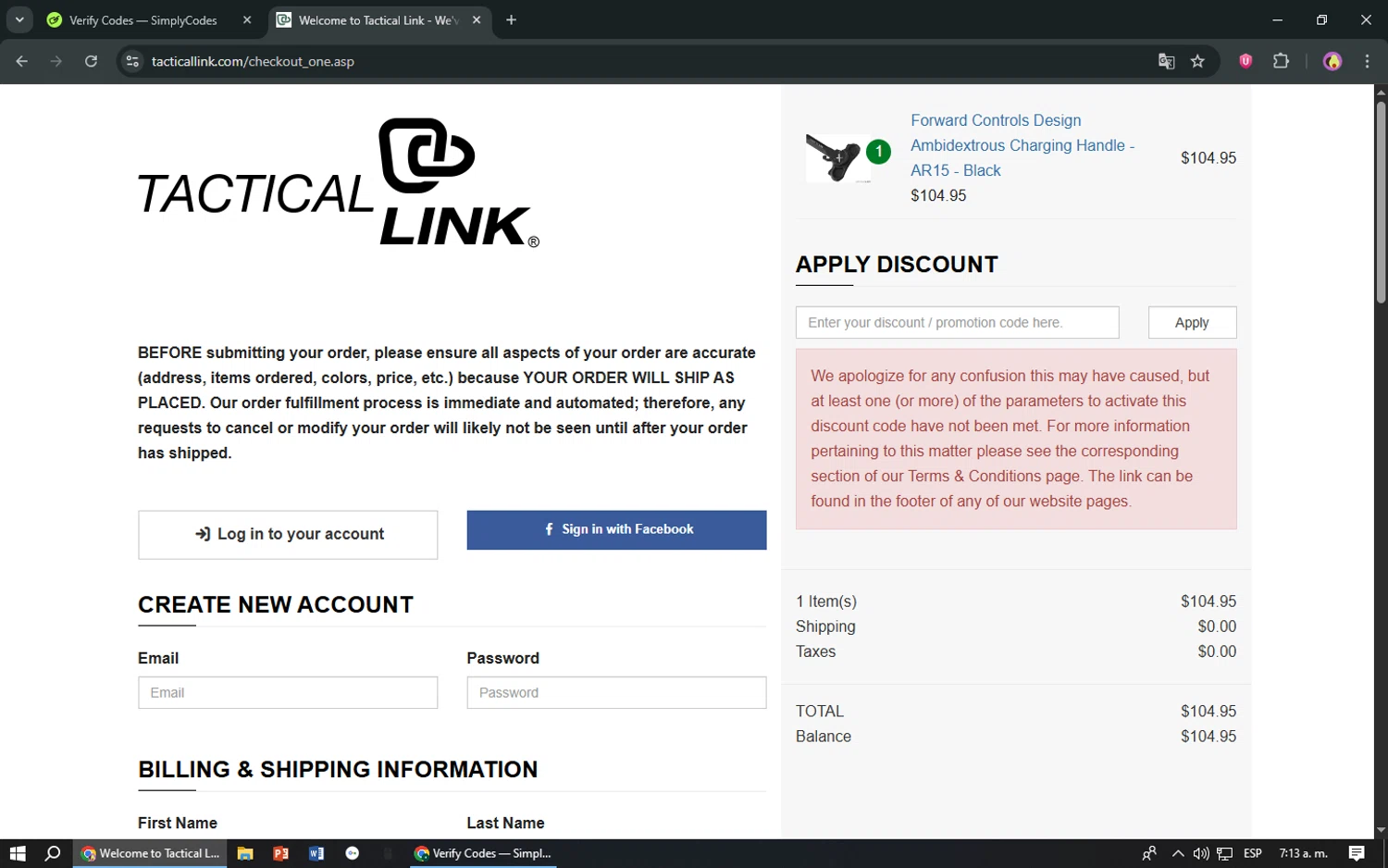 Tactical Link promo code screenshot showing code XMASJULY25 applied at Tactical Link checkout page. Uploaded by SimplyCodes community member TreasureShopper9156 on Aug 15, 2025