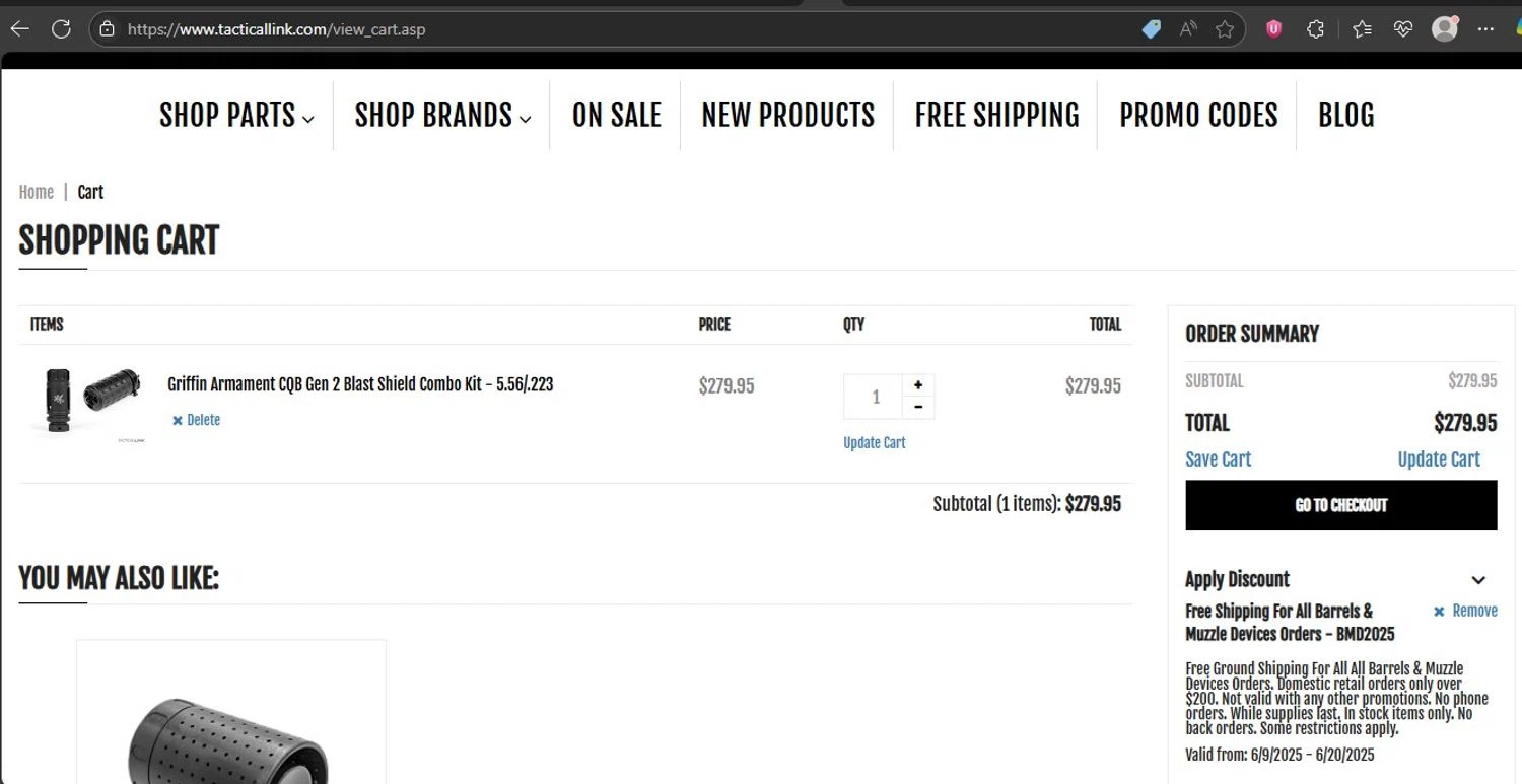 Tactical Link promo code screenshot showing code BMD2025 applied at Tactical Link checkout page. Uploaded by SimplyCodes community member HonestVzla on Jun 12, 2025