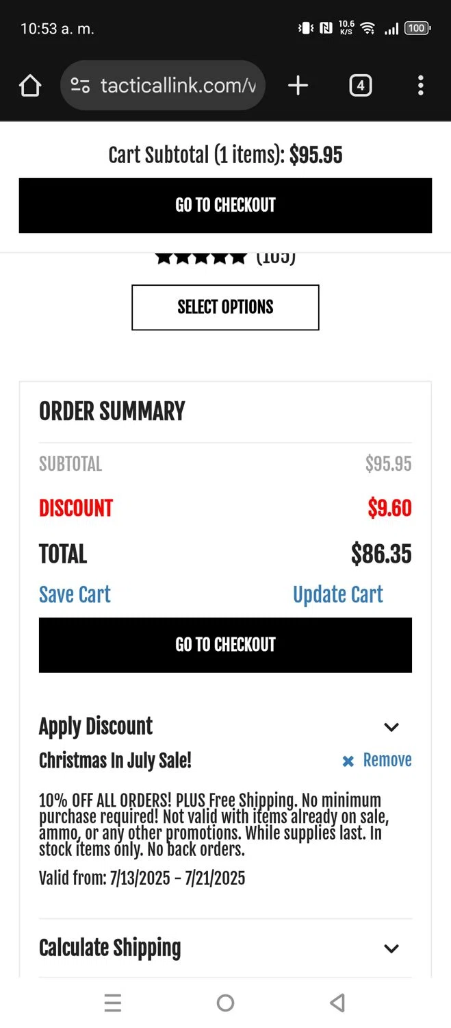 Tactical Link promo code screenshot showing code XMASJULY25 applied at Tactical Link checkout page. Uploaded by SimplyCodes community member lfppernia on Jul 17, 2025