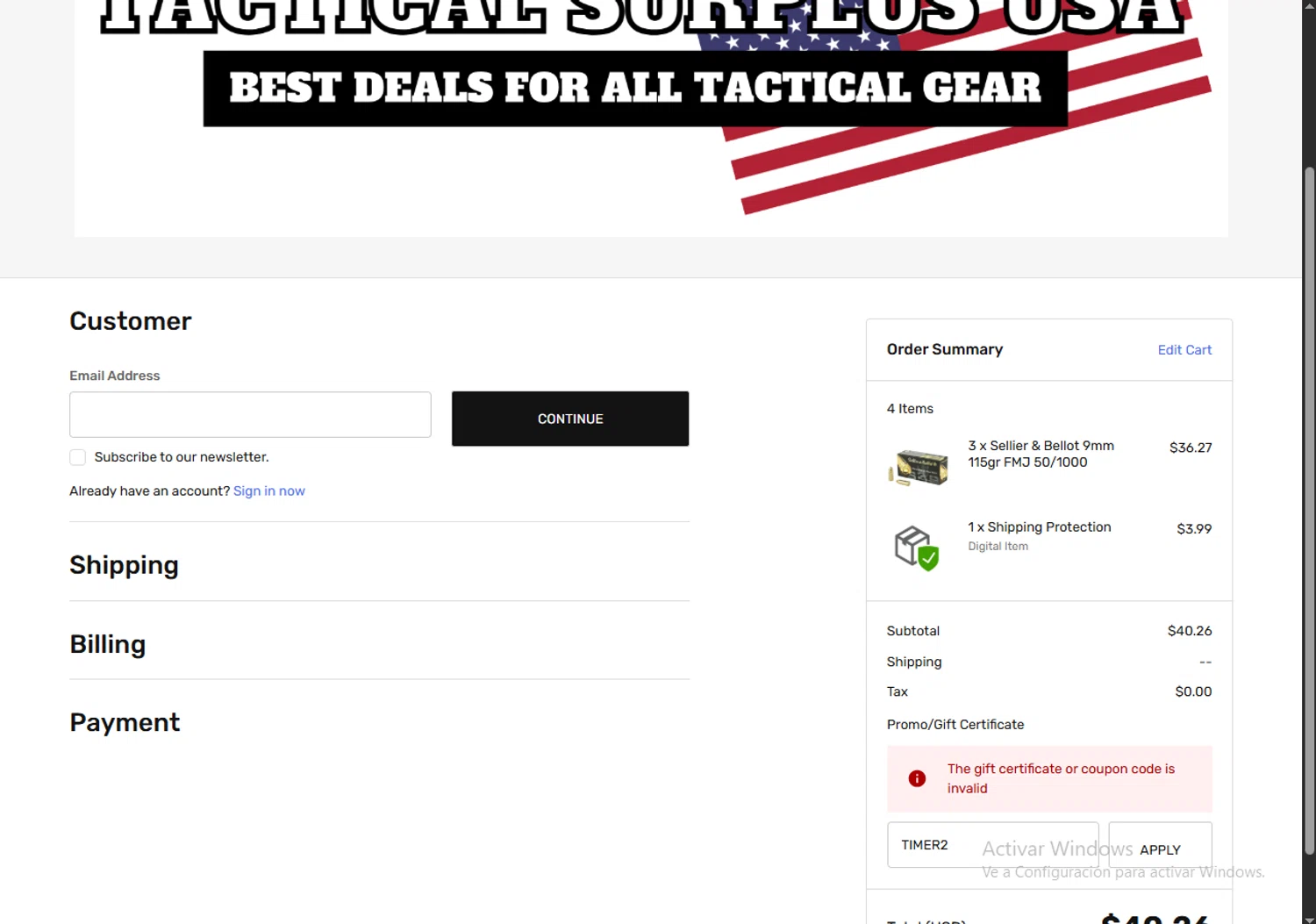 Tactical Surplus USA coupon code screenshot showing code TIMER2 applied at Tactical Surplus USA checkout page. Uploaded by SimplyCodes community member ScanSpotter1700 on Aug 23, 2025