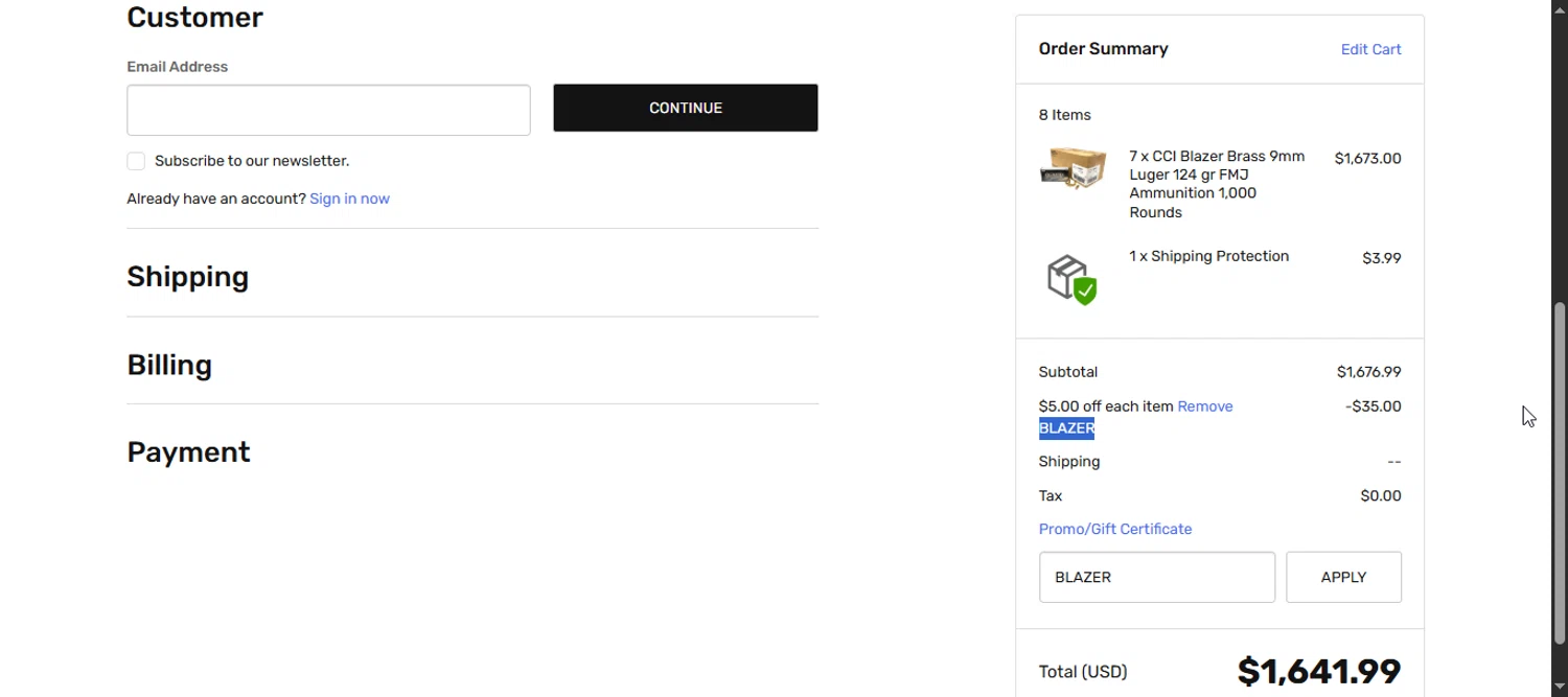 Tactical Surplus USA coupon code screenshot showing code BLAZER applied at Tactical Surplus USA checkout page. Uploaded by SimplyCodes community member Enmanuel99 on Jul 29, 2025