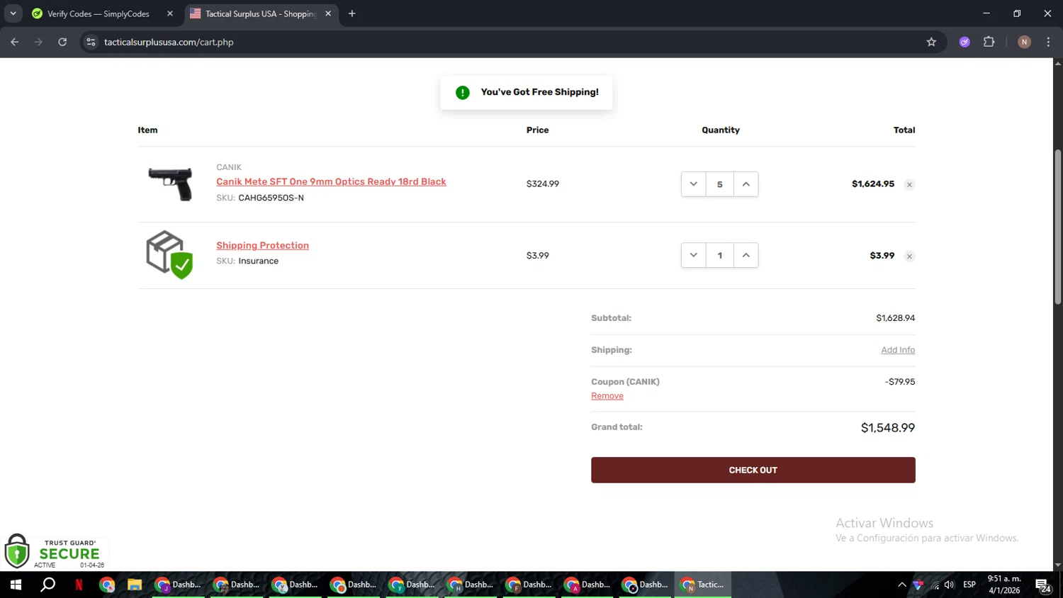 Tactical Surplus USA checkout page showing Tactical Surplus USA coupon code box | Screenshot taken by SimplyCodes community member on Jan 4, 2026