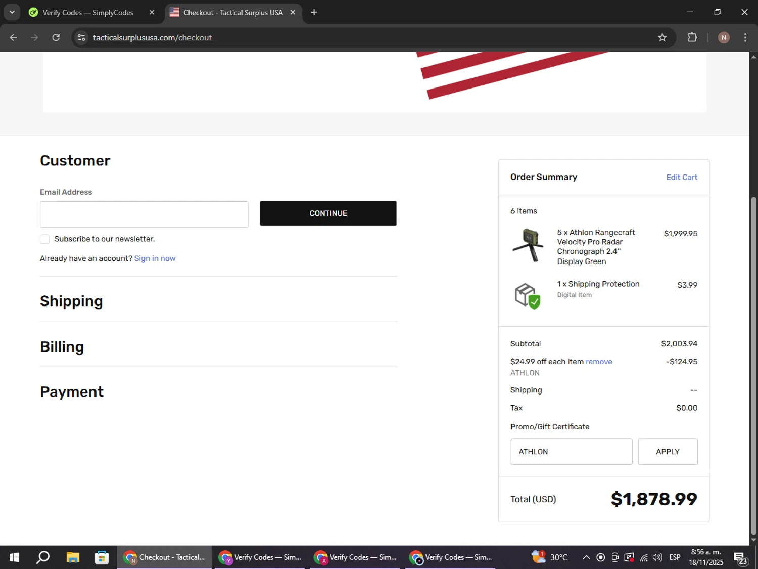 Tactical Surplus USA coupon code screenshot showing code ATHLON applied at Tactical Surplus USA checkout page. Uploaded by SimplyCodes community member DiscountPioneer2554 on Nov 18, 2025