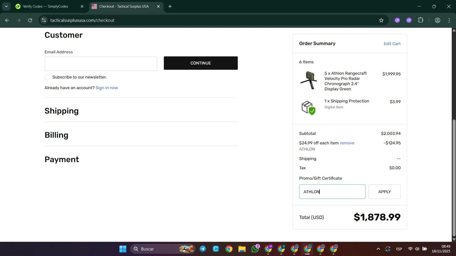 Tactical Surplus USA coupon code screenshot showing code ATHLON applied at Tactical Surplus USA checkout page. Uploaded by SimplyCodes community member LuckyElite8069 on Nov 18, 2025