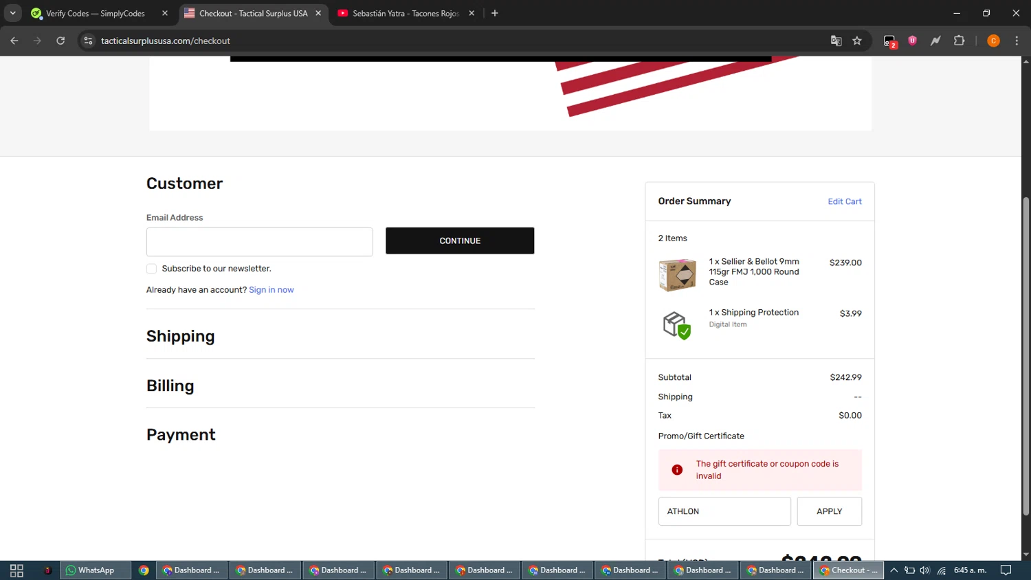 Tactical Surplus USA coupon code screenshot showing code ATHLON applied at Tactical Surplus USA checkout page. Uploaded by SimplyCodes community member guest_192805448 on Jan 4, 2026