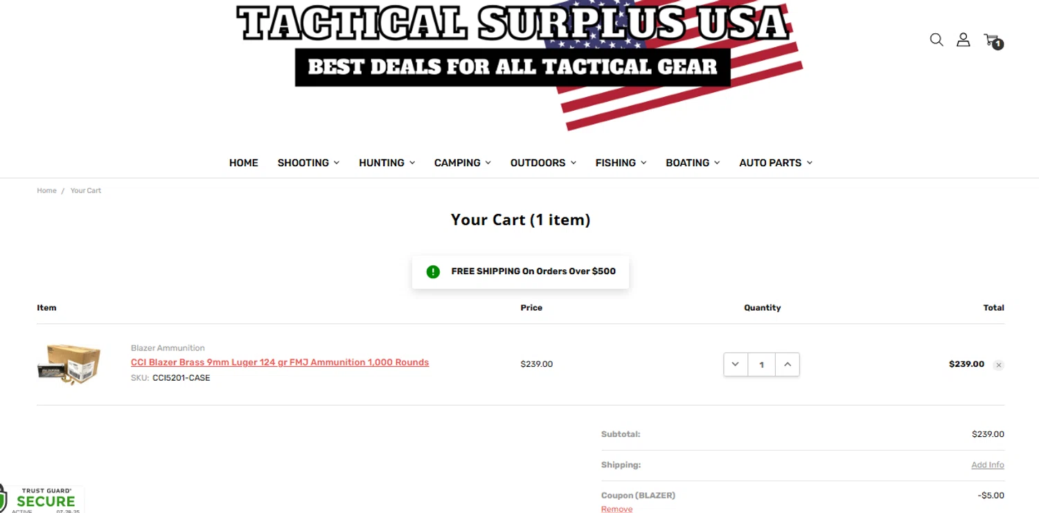 Tactical Surplus USA coupon code screenshot showing code BLAZER applied at Tactical Surplus USA checkout page. Uploaded by SimplyCodes community member THEPOWER on Jul 29, 2025