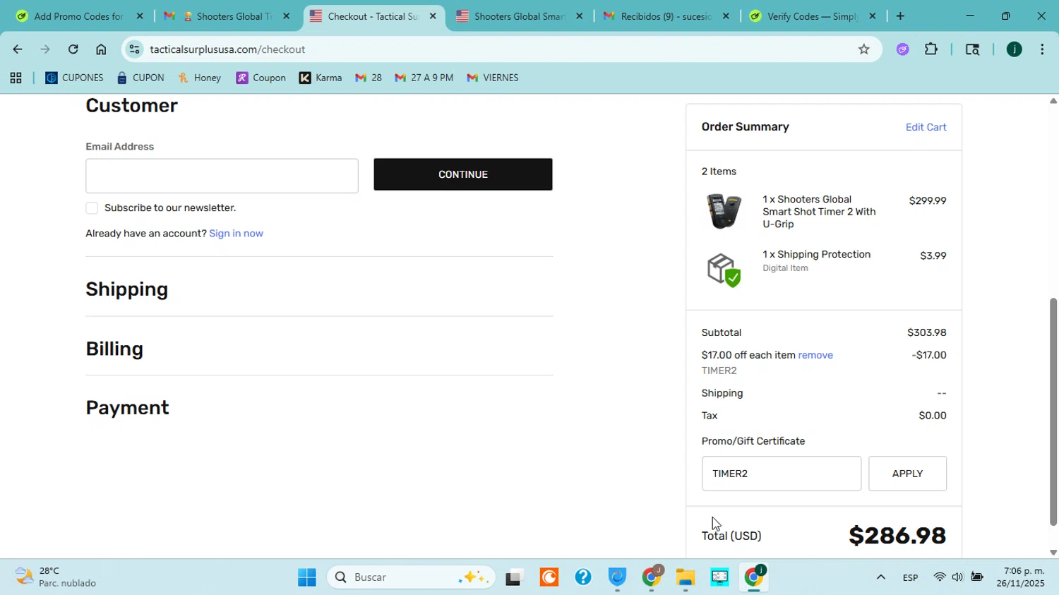 Tactical Surplus USA coupon code screenshot showing code TIMER2 applied at Tactical Surplus USA checkout page. Uploaded by SimplyCodes community member jorgejavierherrera on Nov 26, 2025