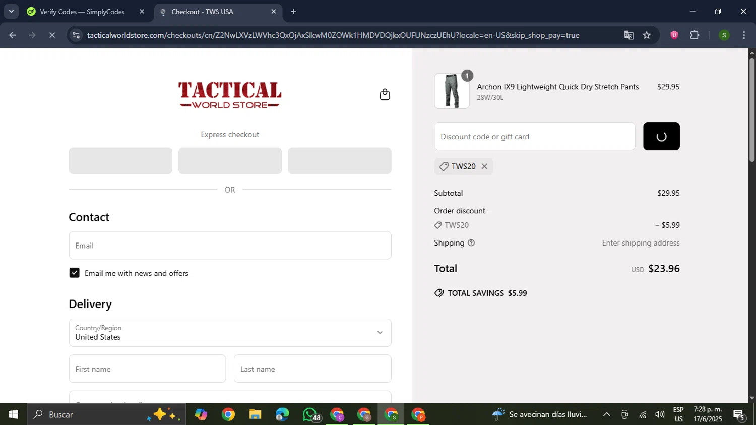 Tactical World Store discount code screenshot showing code TWS20 applied at Tactical World Store checkout page. Uploaded by SimplyCodes community member RewardMaverick445 on Jun 17, 2025