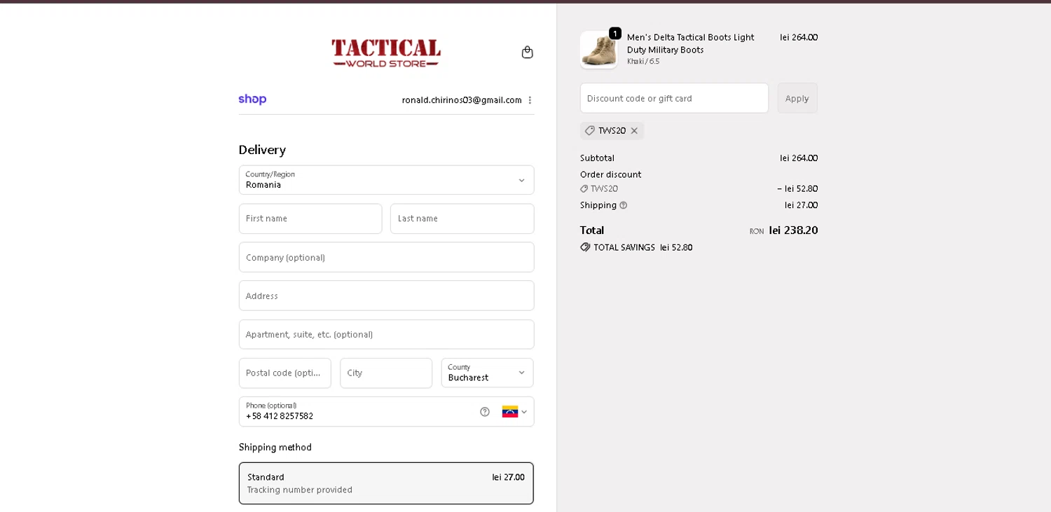 Tactical World Store discount code screenshot showing code TWS20 applied at Tactical World Store checkout page. Uploaded by SimplyCodes community member ValiantMaverick169 on Dec 14, 2025
