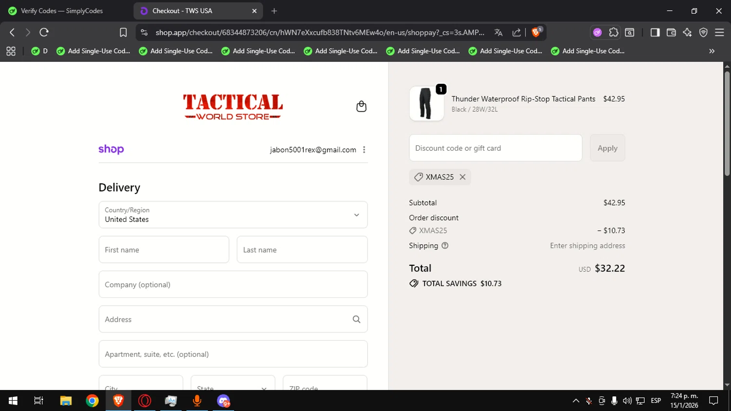 Tactical World Store discount code screenshot showing code XMAS25 applied at Tactical World Store checkout page. Uploaded by SimplyCodes community member Ultrapapu on Jan 15, 2026