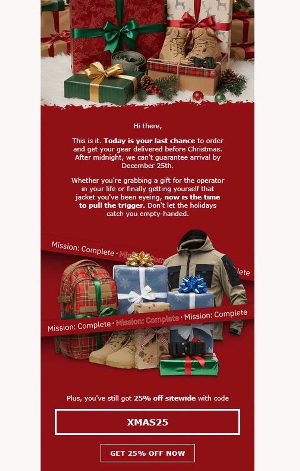 Tactical World Store discount code screenshot showing code XMAS25 applied at Tactical World Store checkout page. Uploaded by SimplyCodes community member stygian1 on Dec 15, 2025