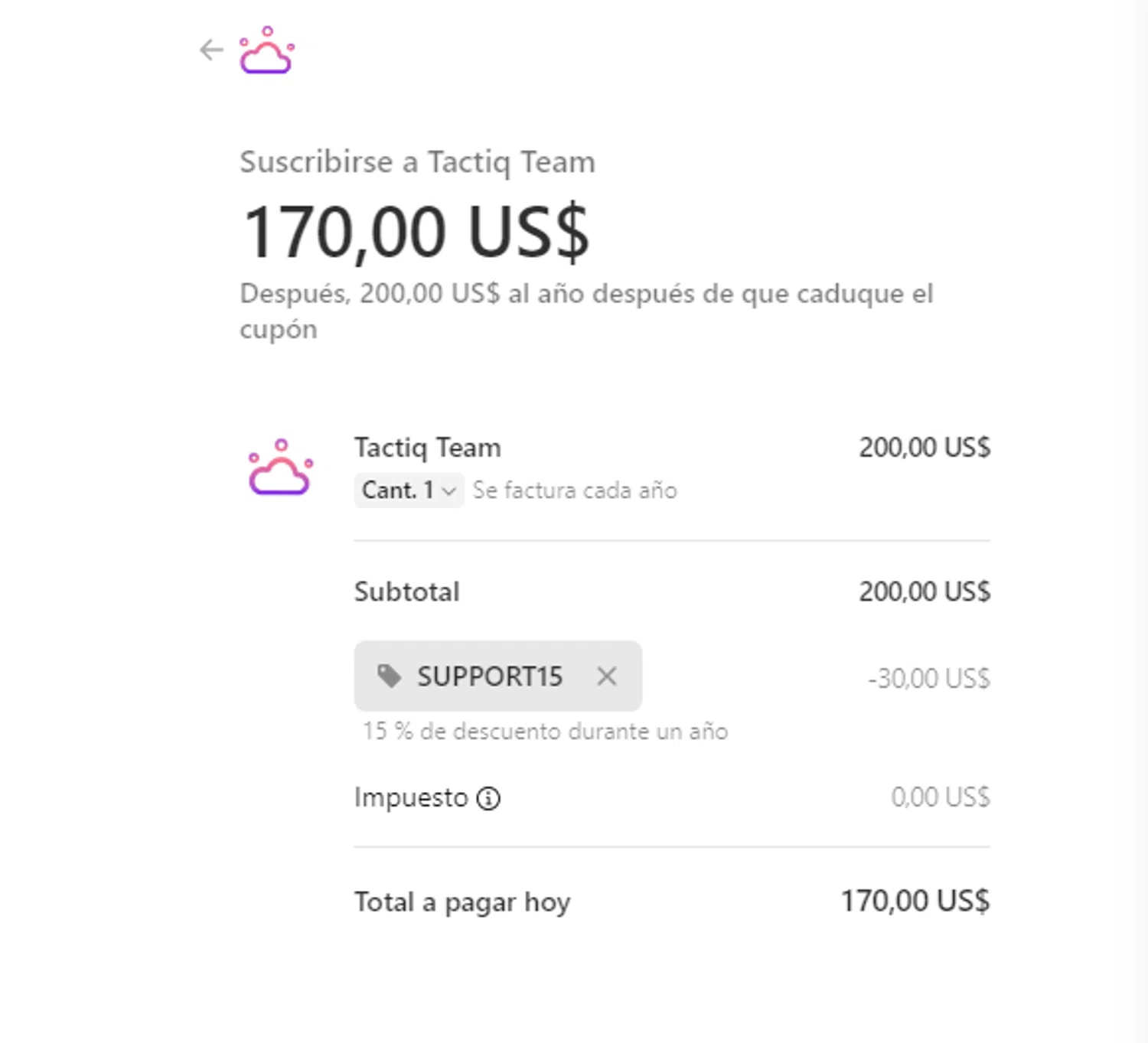Tactiq promo code screenshot showing code SUPPORT15 applied at Tactiq checkout page. Uploaded by SimplyCodes community member LALOCOMOTORA10 on Jun 24, 2025