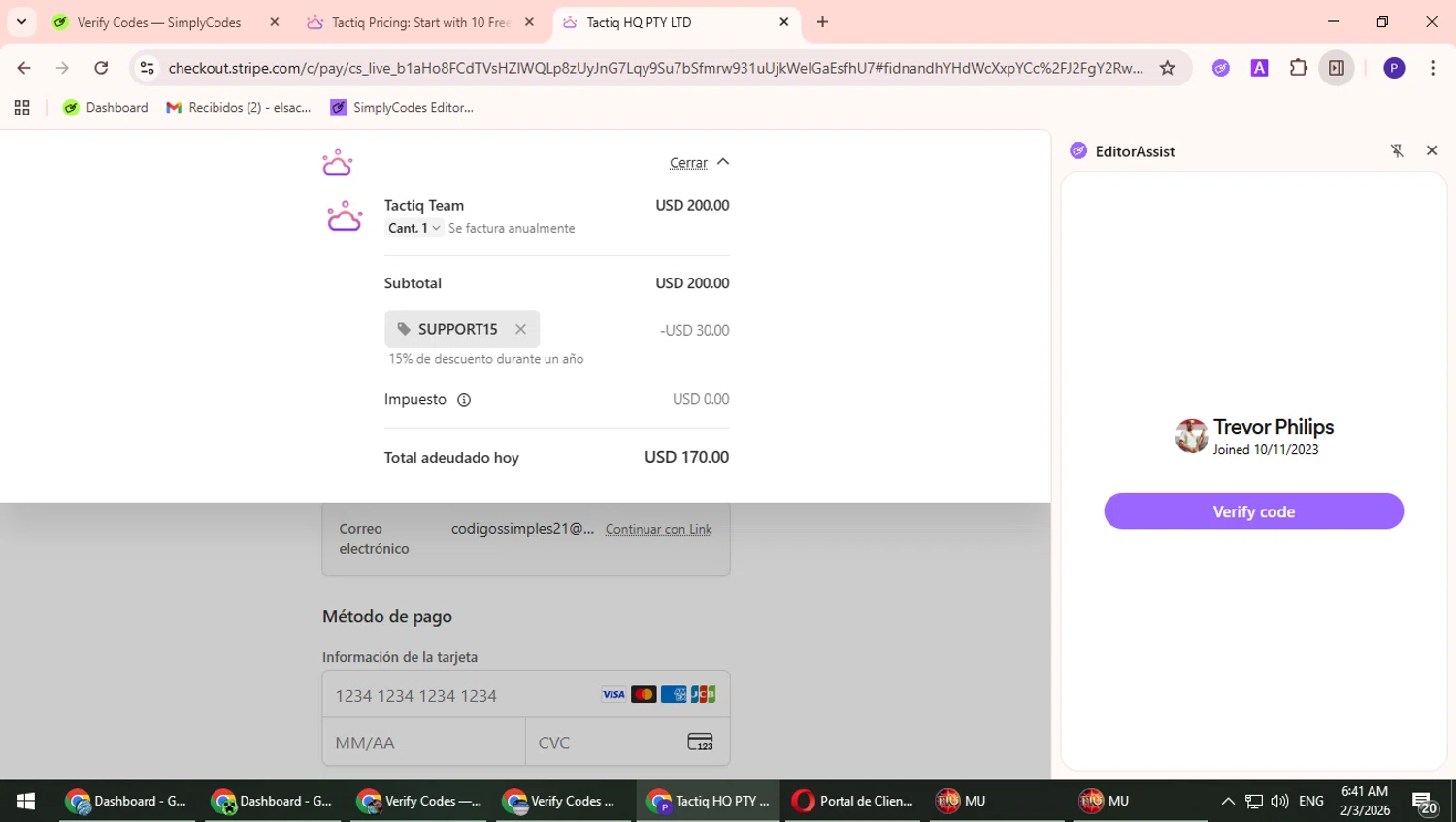 Tactiq promo code screenshot showing code SUPPORT15 applied at Tactiq checkout page. Uploaded by SimplyCodes community member TrevorPhilips on Feb 3, 2026