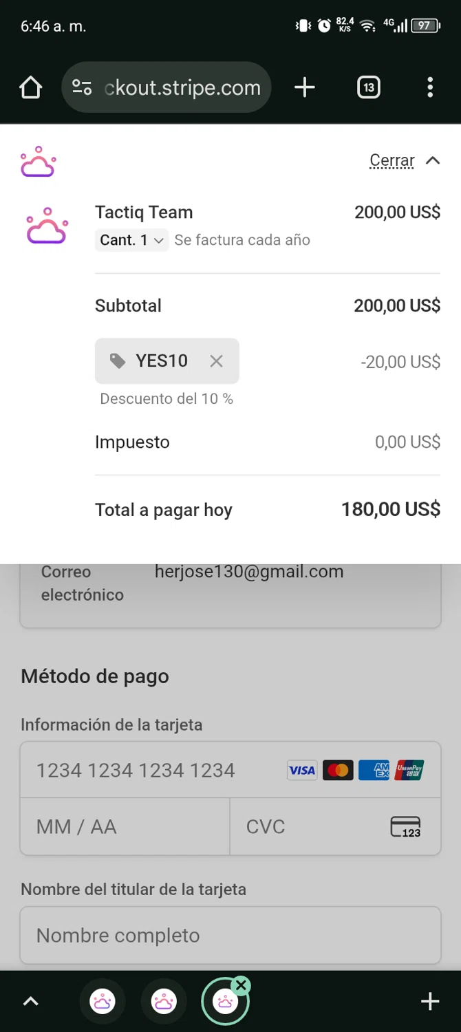Tactiq promo code screenshot showing code YES10 applied at Tactiq checkout page. Uploaded by SimplyCodes community member Bernado on Feb 3, 2026