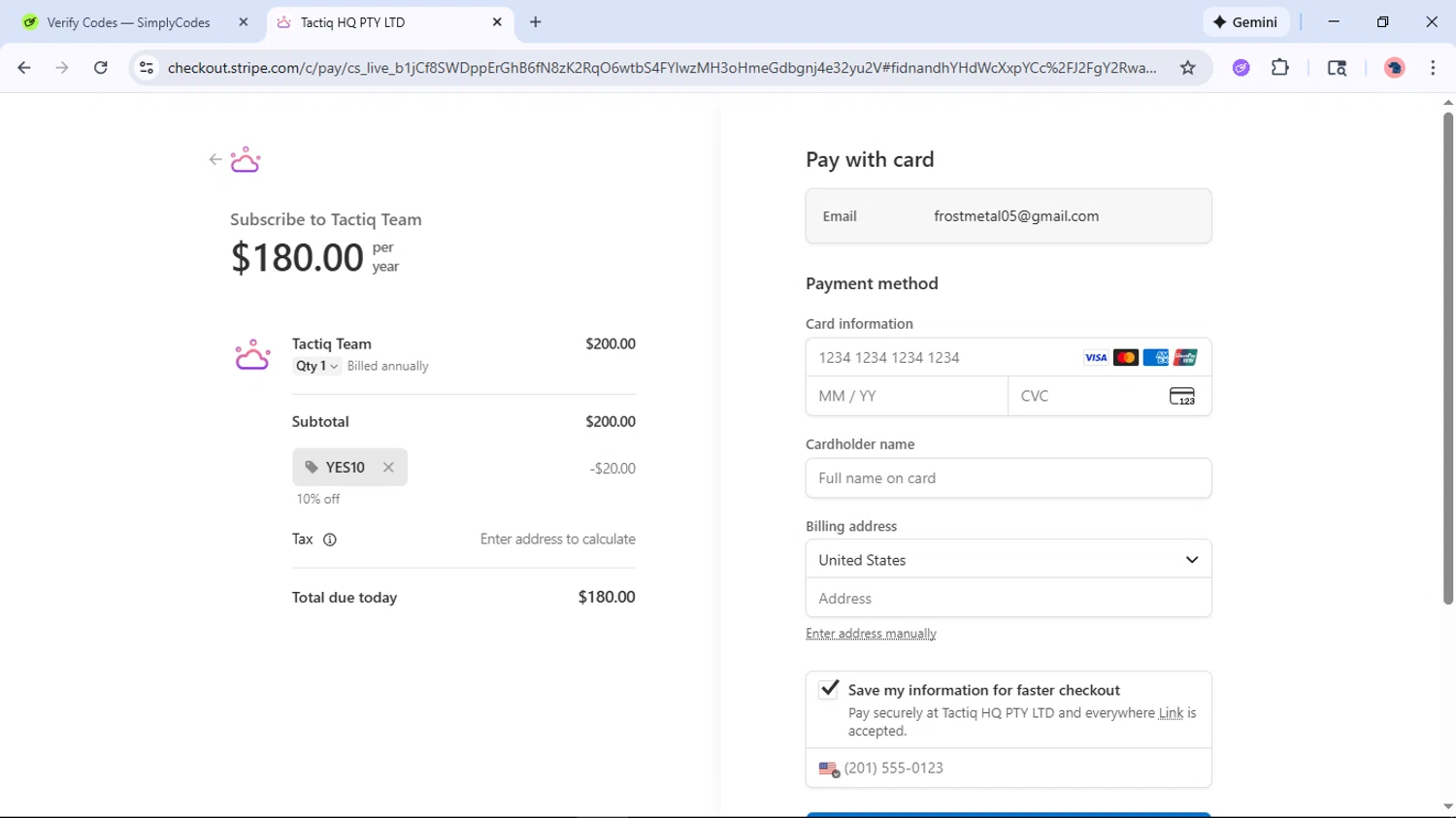 Tactiq checkout page showing Tactiq promo code box | Screenshot taken by SimplyCodes community member on Jan 14, 2026