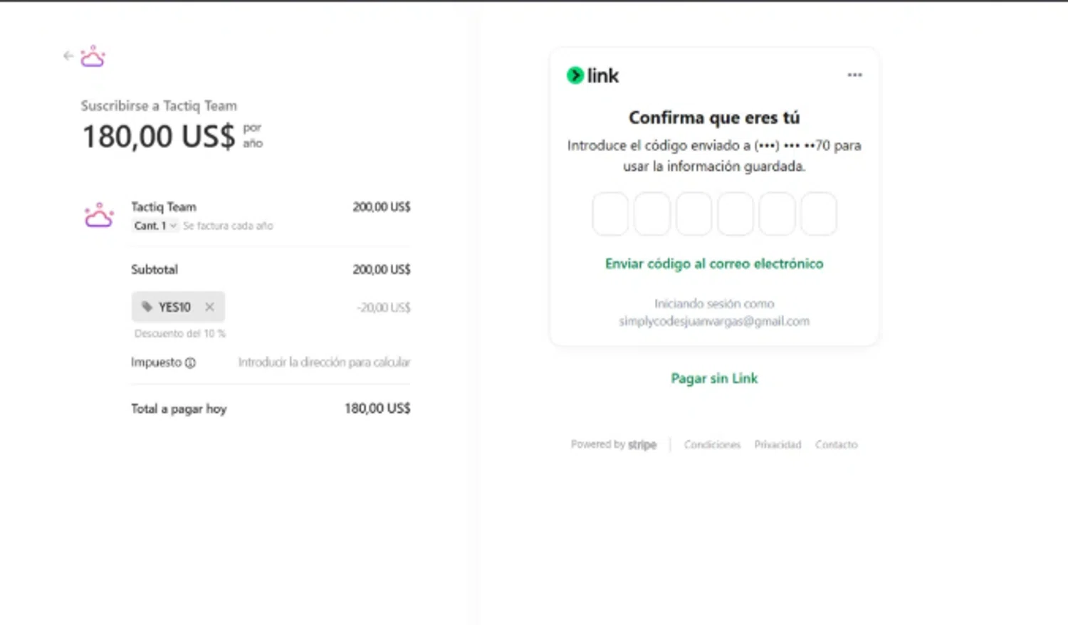 Tactiq promo code screenshot showing code YES10 applied at Tactiq checkout page. Uploaded by SimplyCodes community member cod_gakpo on Oct 30, 2025