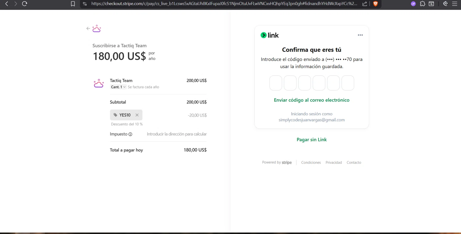 Tactiq promo code screenshot showing code YES10 applied at Tactiq checkout page. Uploaded by SimplyCodes community member juanvargas1 on Oct 30, 2025
