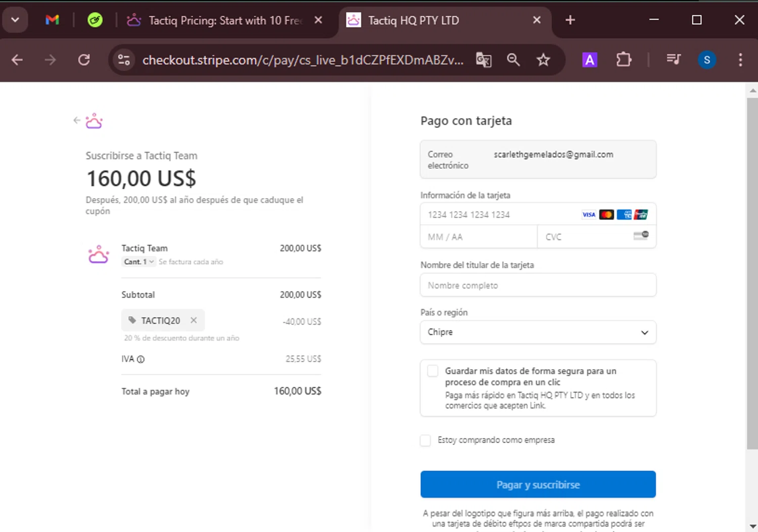 Tactiq promo code screenshot showing code TACTIQ20 applied at Tactiq checkout page. Uploaded by SimplyCodes community member BrandoJose1 on Feb 21, 2025