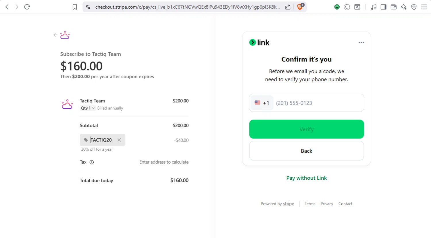Tactiq checkout page showing Tactiq promo code box | Screenshot taken by SimplyCodes community member on Feb 1, 2026