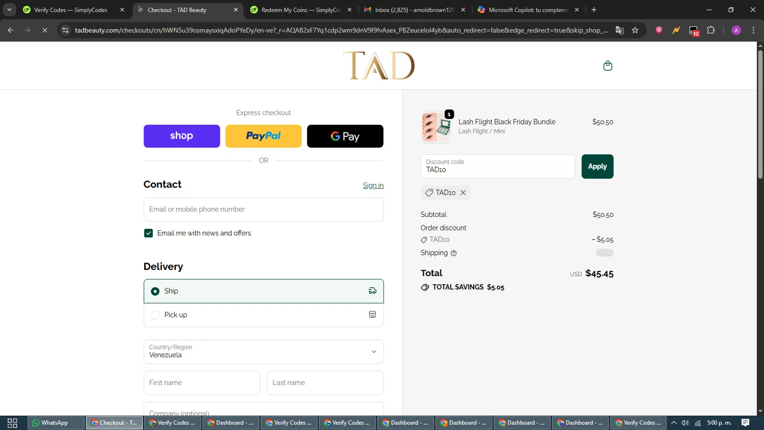 TAD Beauty promo code screenshot showing code TAD10 applied at TAD Beauty checkout page. Uploaded by SimplyCodes community member CouponScout5403 on Nov 30, 2025