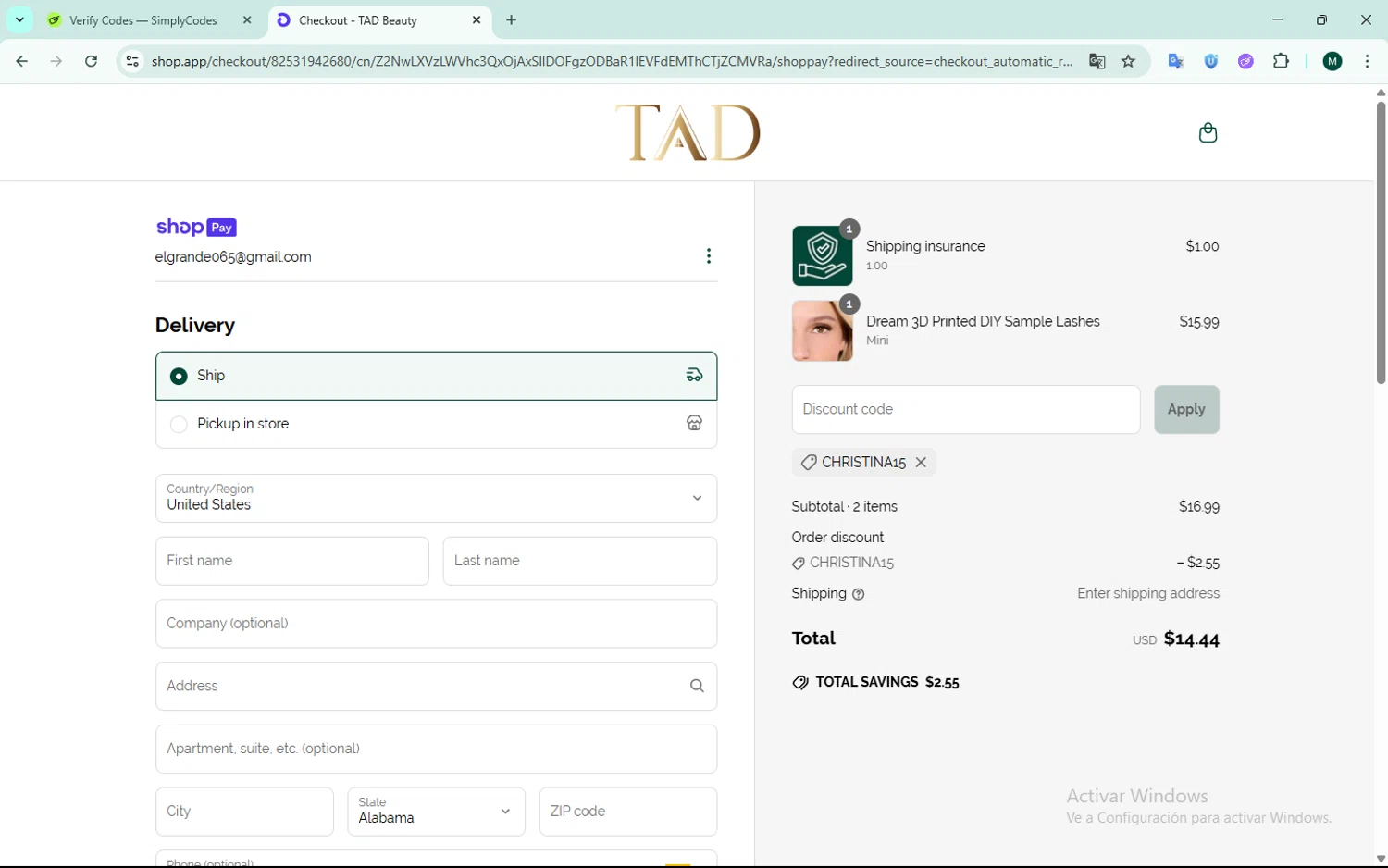 TAD Beauty promo code screenshot showing code CHRISTINA15 applied at TAD Beauty checkout page. Uploaded by SimplyCodes community member ScanCurator288 on Jun 22, 2025