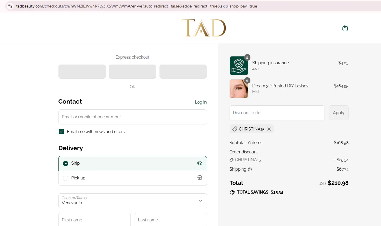 TAD Beauty promo code screenshot showing code CHRISTINA15 applied at TAD Beauty checkout page. Uploaded by SimplyCodes community member Teamgorila on Sep 9, 2025