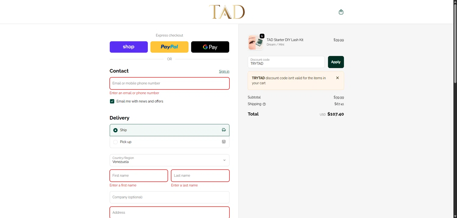 TAD Beauty promo code screenshot showing code TRYTAD applied at TAD Beauty checkout page. Uploaded by SimplyCodes community member TokenCollector1268 on Nov 30, 2025